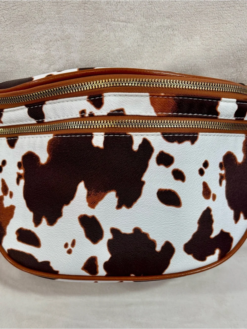 New Cowhide-Print Brown and White Crossbody Bag with Gold Hardware